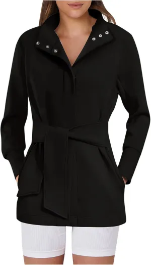 jsaierl Jackets for Women Belted Casual Long Sleeve Wrap Trench Coat 2024 Fall Trendy Button Up Lapel Dressy Outerwear