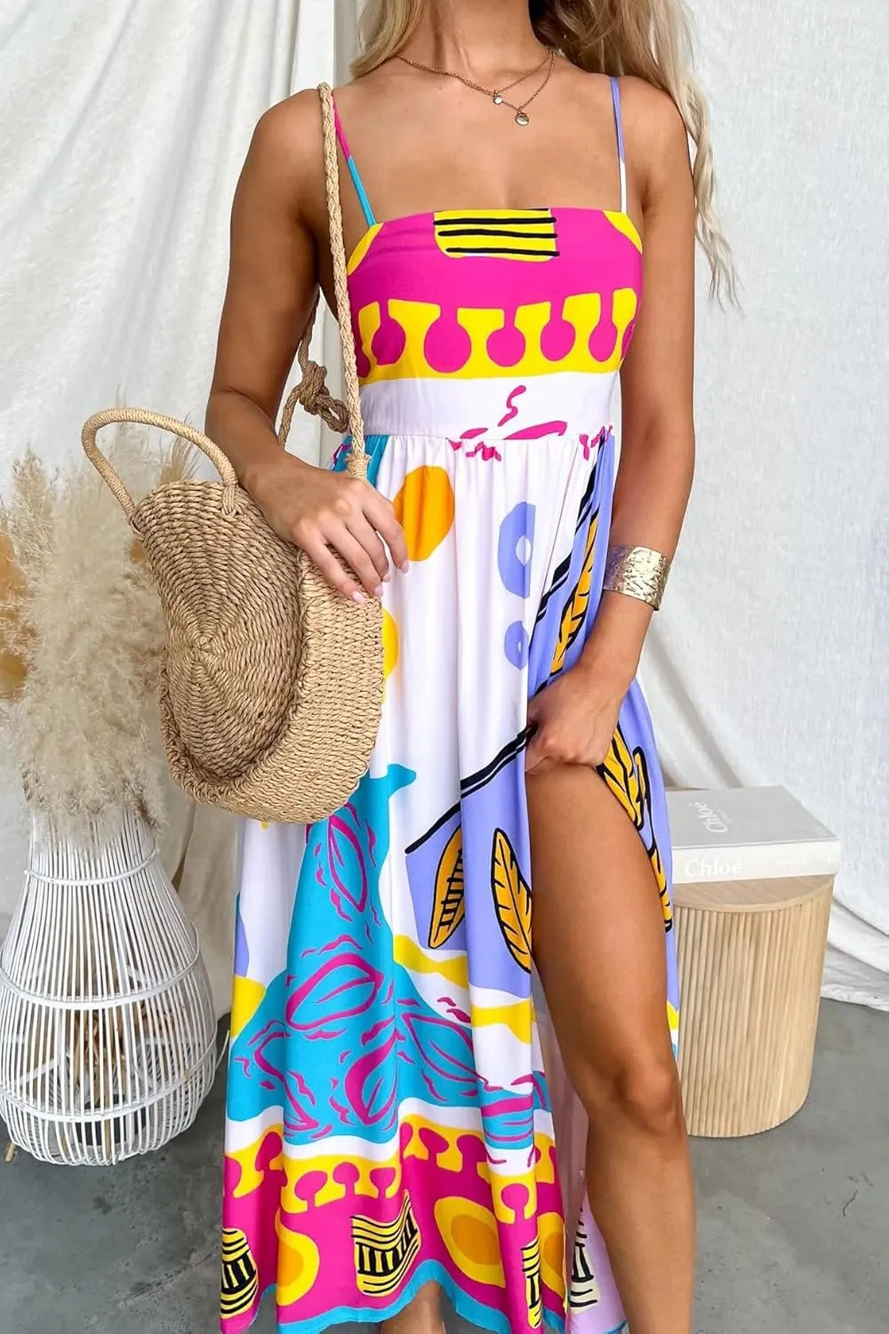 Juakoso Women Spaghetti Strap Maxi Dress Summer Sleeveless Flowy Long Dress Y2k Floral Print Vacation Beach Sundress
