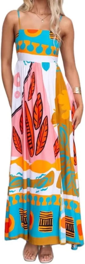 Juakoso Women Spaghetti Strap Maxi Dress Summer Sleeveless Flowy Long Dress Y2k Floral Print Vacation Beach Sundress