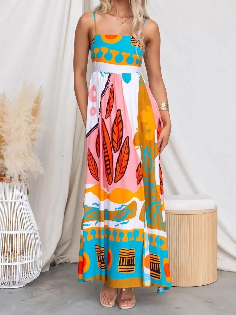 Juakoso Women Spaghetti Strap Maxi Dress Summer Sleeveless Flowy Long Dress Y2k Floral Print Vacation Beach Sundress