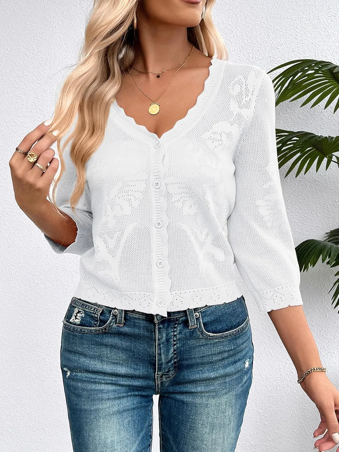 Kate Kasin Women's 2025 Cropped Cardigan Sweaters Trendy Lightweight 3/4 Sleeve Button Down Crochet Textured Shrugs Top
