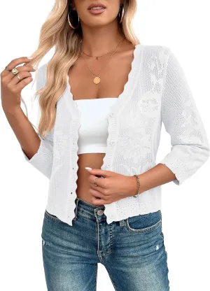 Kate Kasin Women's 2025 Cropped Cardigan Sweaters Trendy Lightweight 3/4 Sleeve Button Down Crochet Textured Shrugs Top