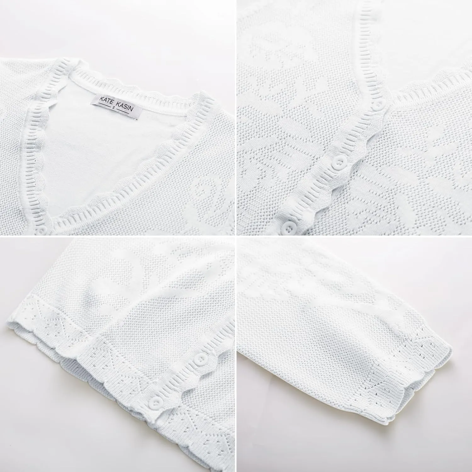 Kate Kasin Women's 2025 Cropped Cardigan Sweaters Trendy Lightweight 3/4 Sleeve Button Down Crochet Textured Shrugs Top