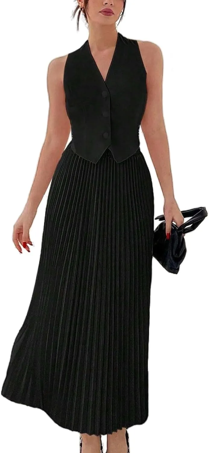 KEOMUD Women Summer Suiting 2 Piece Outfits Button V Neck Sleeveless Suit Vest and High Waist Maxi Pleated Skirt Set