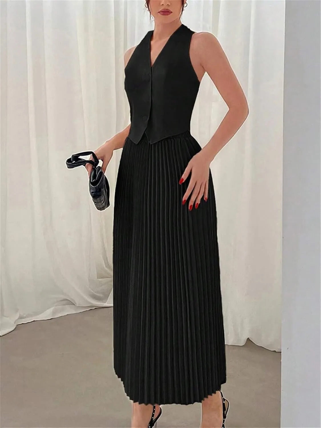 KEOMUD Women Summer Suiting 2 Piece Outfits Button V Neck Sleeveless Suit Vest and High Waist Maxi Pleated Skirt Set