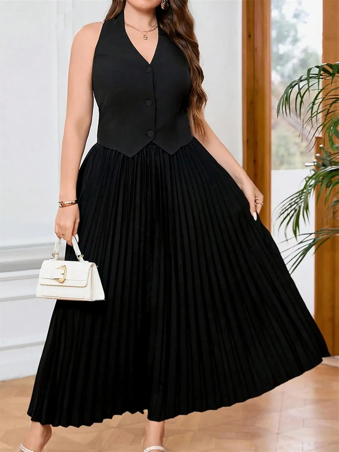 KEOMUD Women Summer Suiting 2 Piece Outfits Button V Neck Sleeveless Suit Vest and High Waist Maxi Pleated Skirt Set