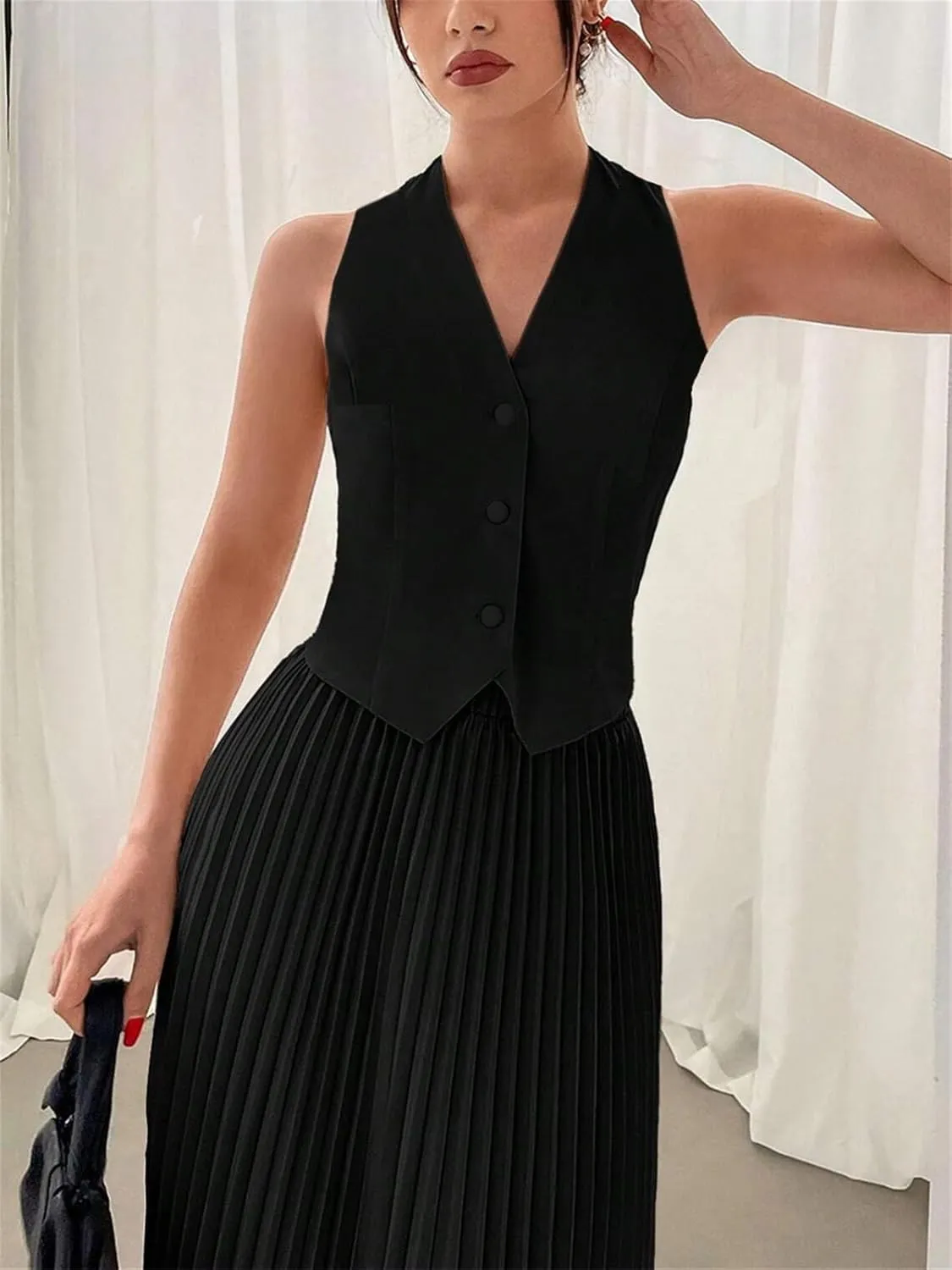 KEOMUD Women Summer Suiting 2 Piece Outfits Button V Neck Sleeveless Suit Vest and High Waist Maxi Pleated Skirt Set