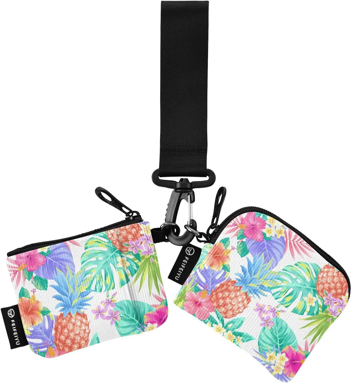 KeyChain Wallet Pineapples Palm Leaves Exotic Flowers Dual Pouch Wristlet Wallets Small Coin Purse for Women