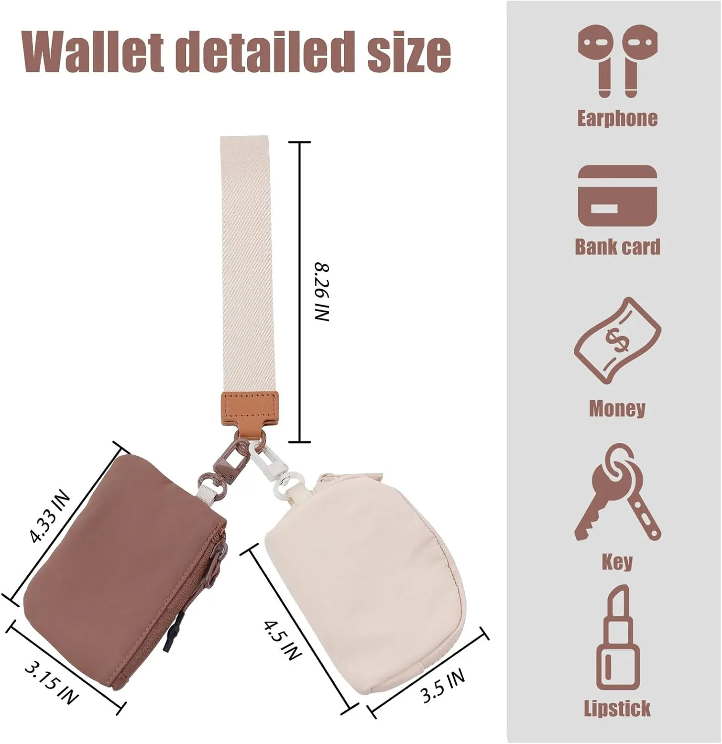 Keychain Wristlet Wallet, Dual Pouch Wristlet Wallet for Women, Keychain Wallets Detachable Mini Coin Purse, Small Zipper Wallet Portable Pocket (Beige-Brown)