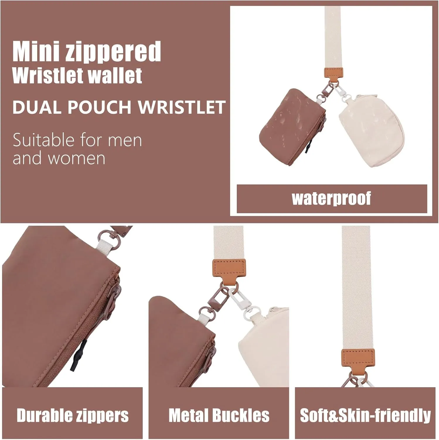 Keychain Wristlet Wallet, Dual Pouch Wristlet Wallet for Women, Keychain Wallets Detachable Mini Coin Purse, Small Zipper Wallet Portable Pocket (Beige-Brown)