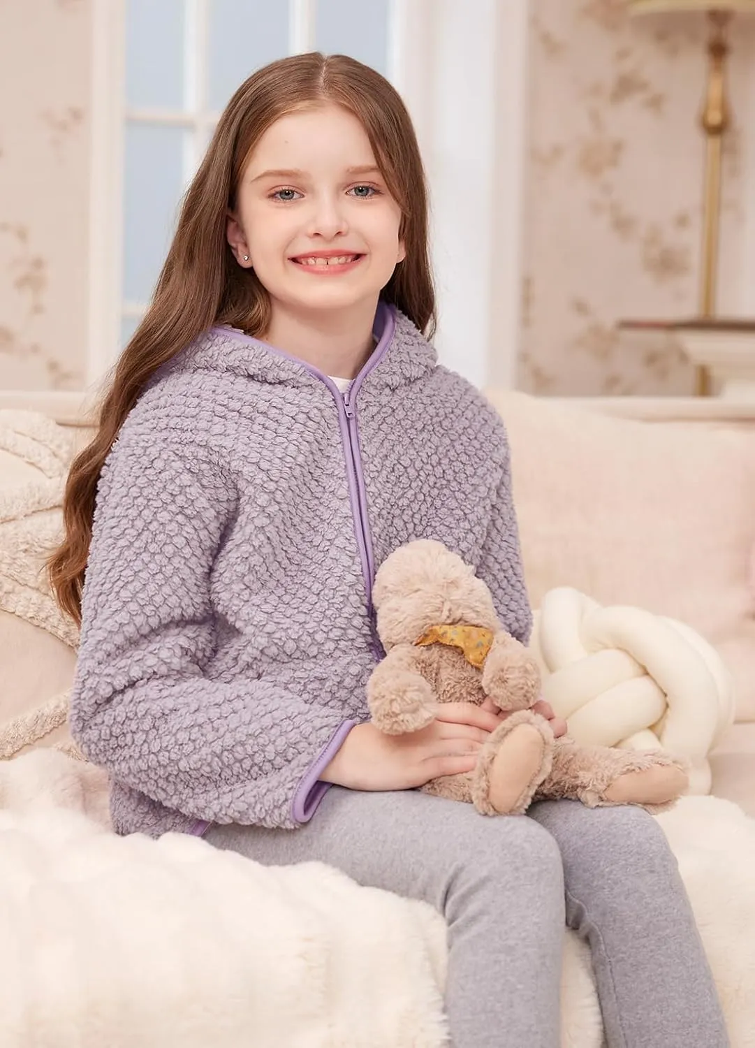 Kids Winter Full Zip Sherpa Long Sleeve Solid Fleece Hoodie Jacket with Pocket 3-12 Years