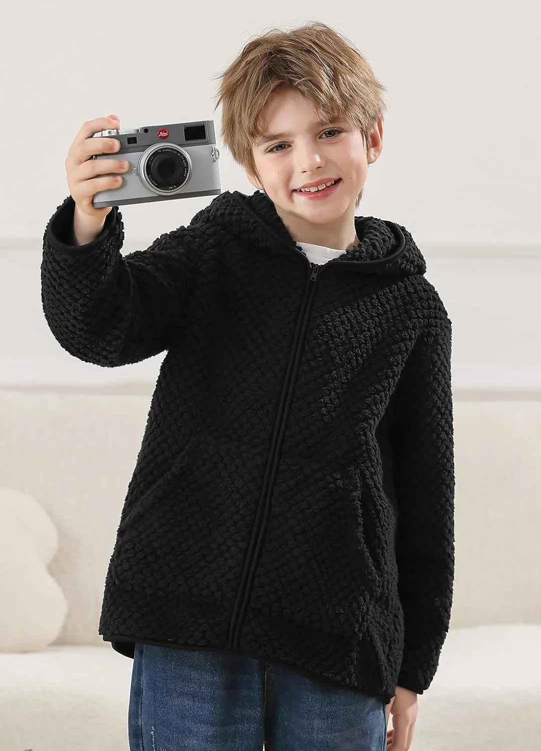 Kids Winter Full Zip Sherpa Long Sleeve Solid Fleece Hoodie Jacket with Pocket 3-12 Years