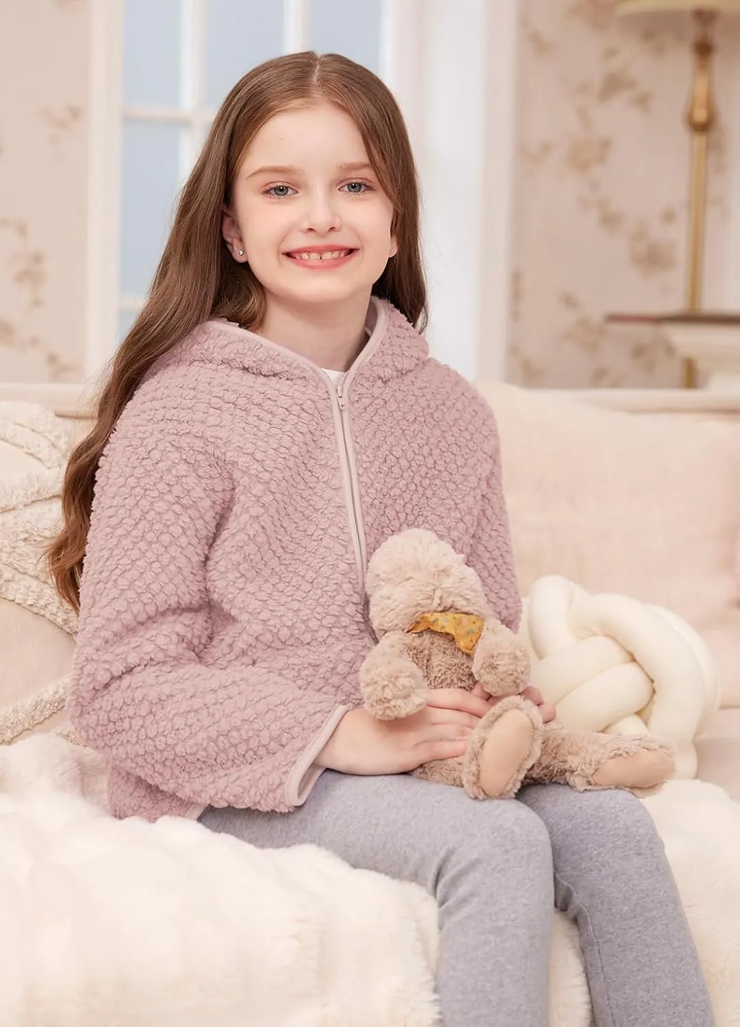 Kids Winter Full Zip Sherpa Long Sleeve Solid Fleece Hoodie Jacket with Pocket 3-12 Years