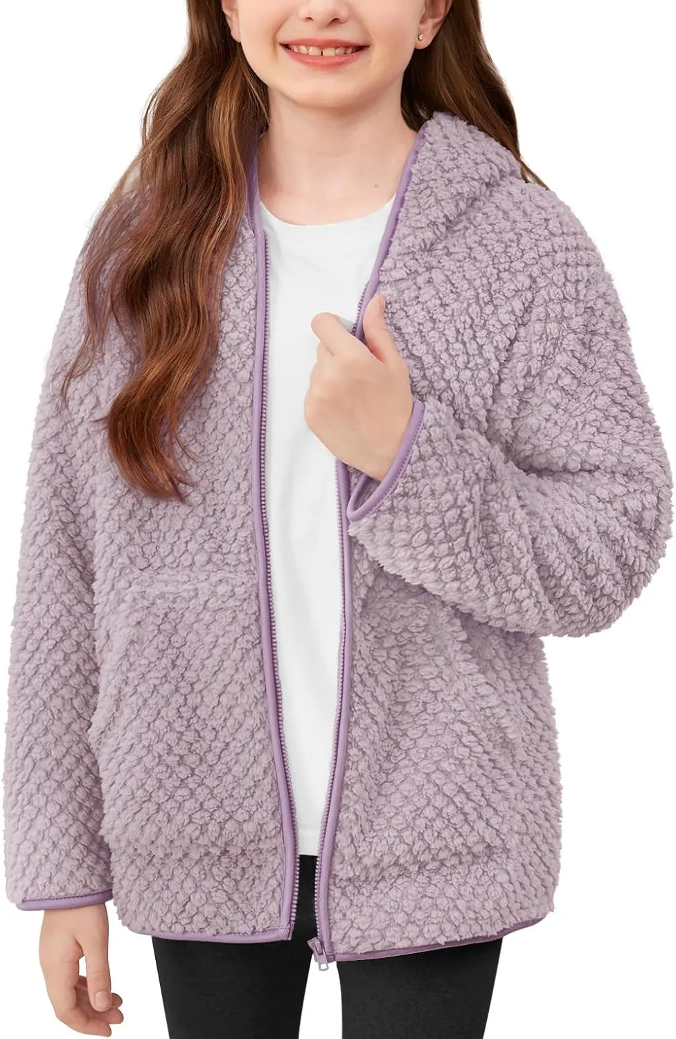 Kids Winter Full Zip Sherpa Long Sleeve Solid Fleece Hoodie Jacket with Pocket 3-12 Years