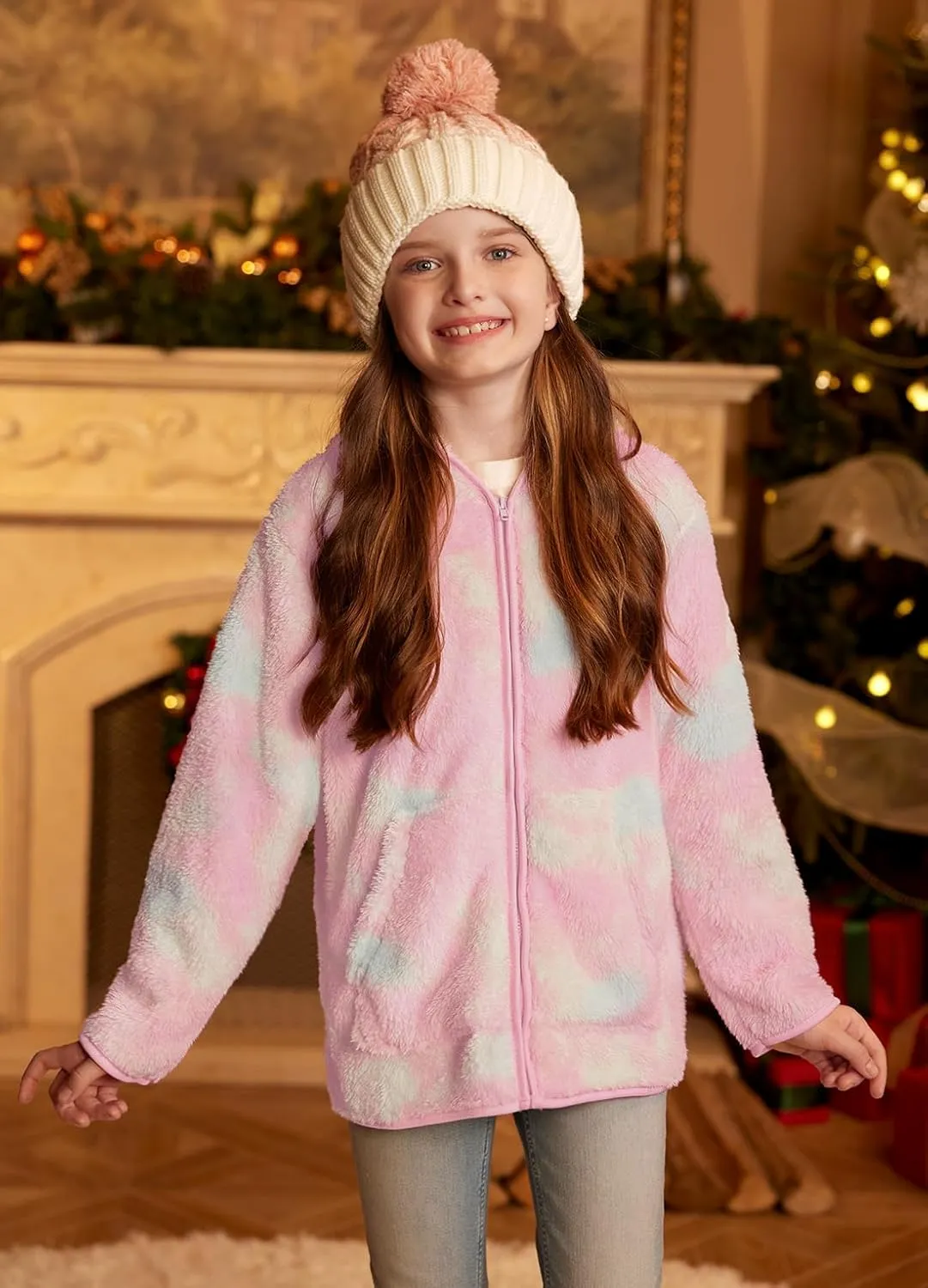 Kids Winter Full Zip Sherpa Long Sleeve Solid Fleece Hoodie Jacket with Pocket 3-12 Years