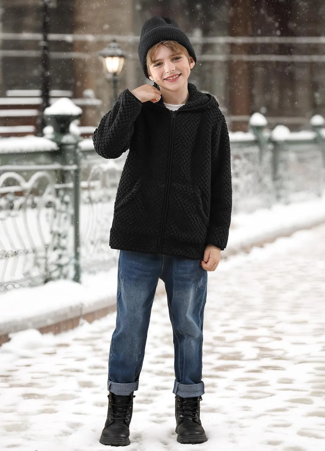 Kids Winter Full Zip Sherpa Long Sleeve Solid Fleece Hoodie Jacket with Pocket 3-12 Years