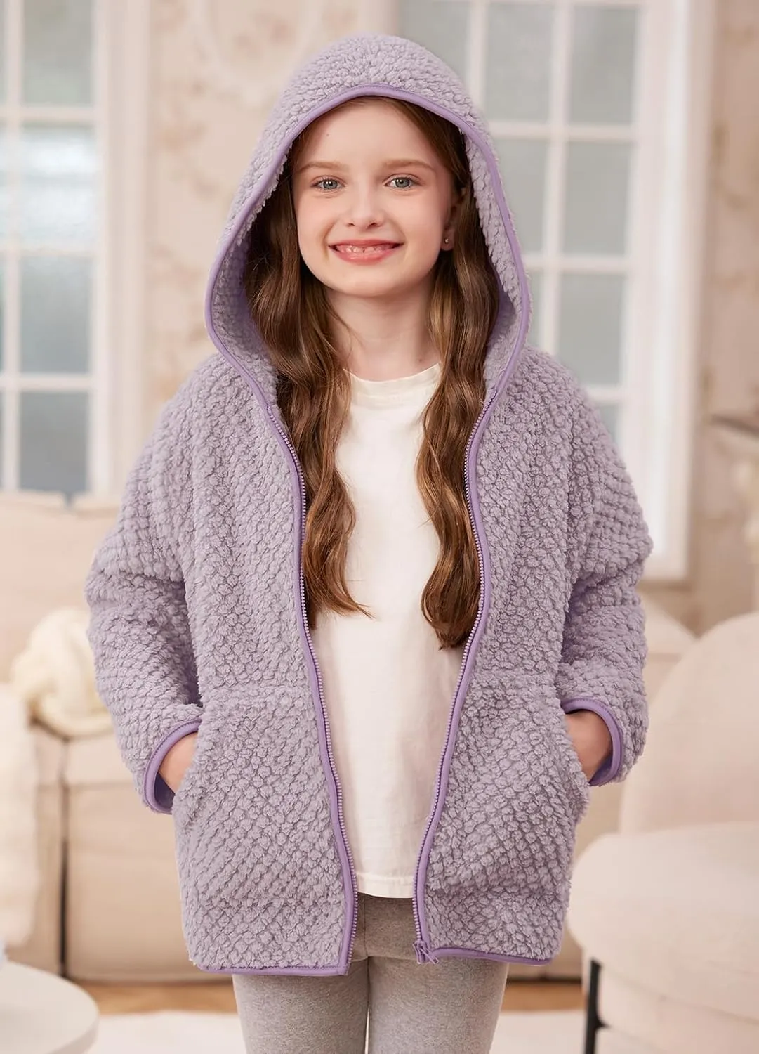 Kids Winter Full Zip Sherpa Long Sleeve Solid Fleece Hoodie Jacket with Pocket 3-12 Years