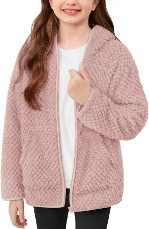 Kids Winter Full Zip Sherpa Long Sleeve Solid Fleece Hoodie Jacket with Pocket 3-12 Years