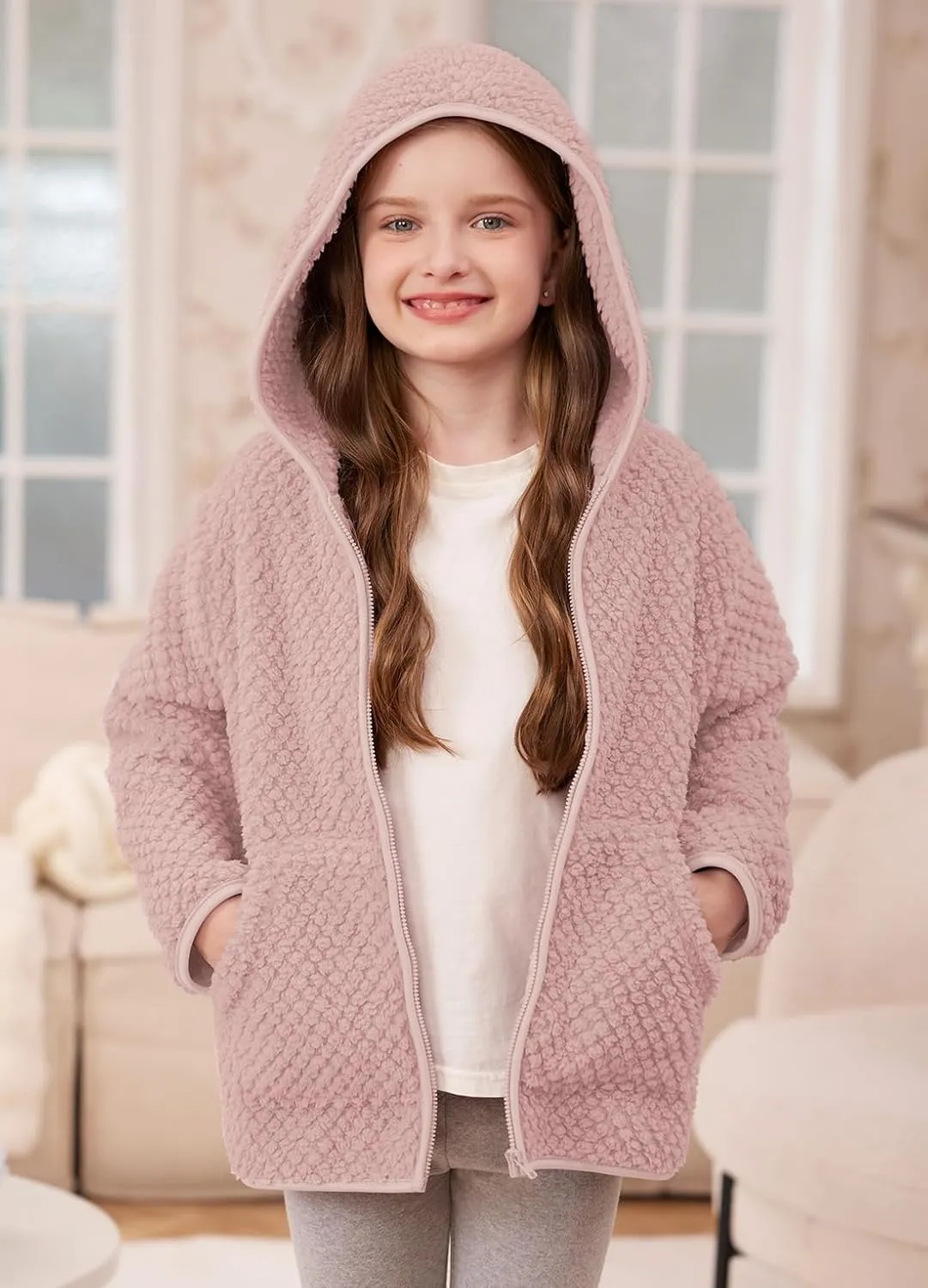 Kids Winter Full Zip Sherpa Long Sleeve Solid Fleece Hoodie Jacket with Pocket 3-12 Years