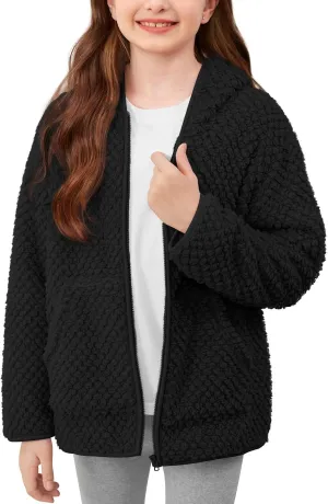 Kids Winter Full Zip Sherpa Long Sleeve Solid Fleece Hoodie Jacket with Pocket 3-12 Years