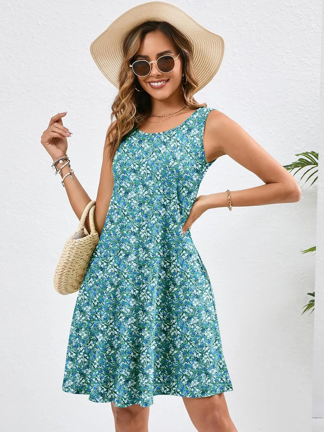 KORSIS Summer Dresses for Women Casual T Shirt Tank Dresses Sleeveless Swing Flowy Ladies Beach Vacation Sundress with Pocket
