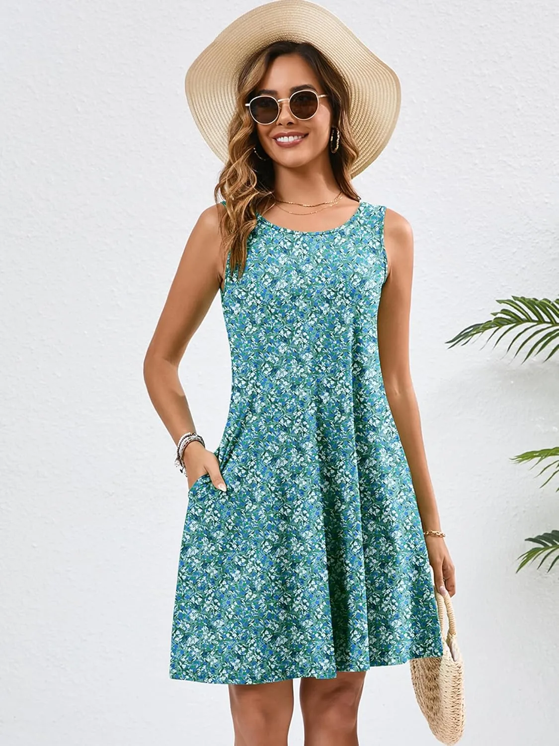 KORSIS Summer Dresses for Women Casual T Shirt Tank Dresses Sleeveless Swing Flowy Ladies Beach Vacation Sundress with Pocket