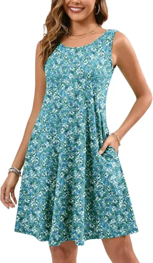 KORSIS Summer Dresses for Women Casual T Shirt Tank Dresses Sleeveless Swing Flowy Ladies Beach Vacation Sundress with Pocket