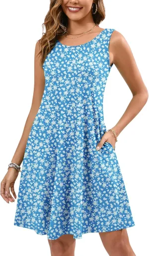 KORSIS Summer Dresses for Women Casual T Shirt Tank Dresses Sleeveless Swing Flowy Ladies Beach Vacation Sundress with Pocket