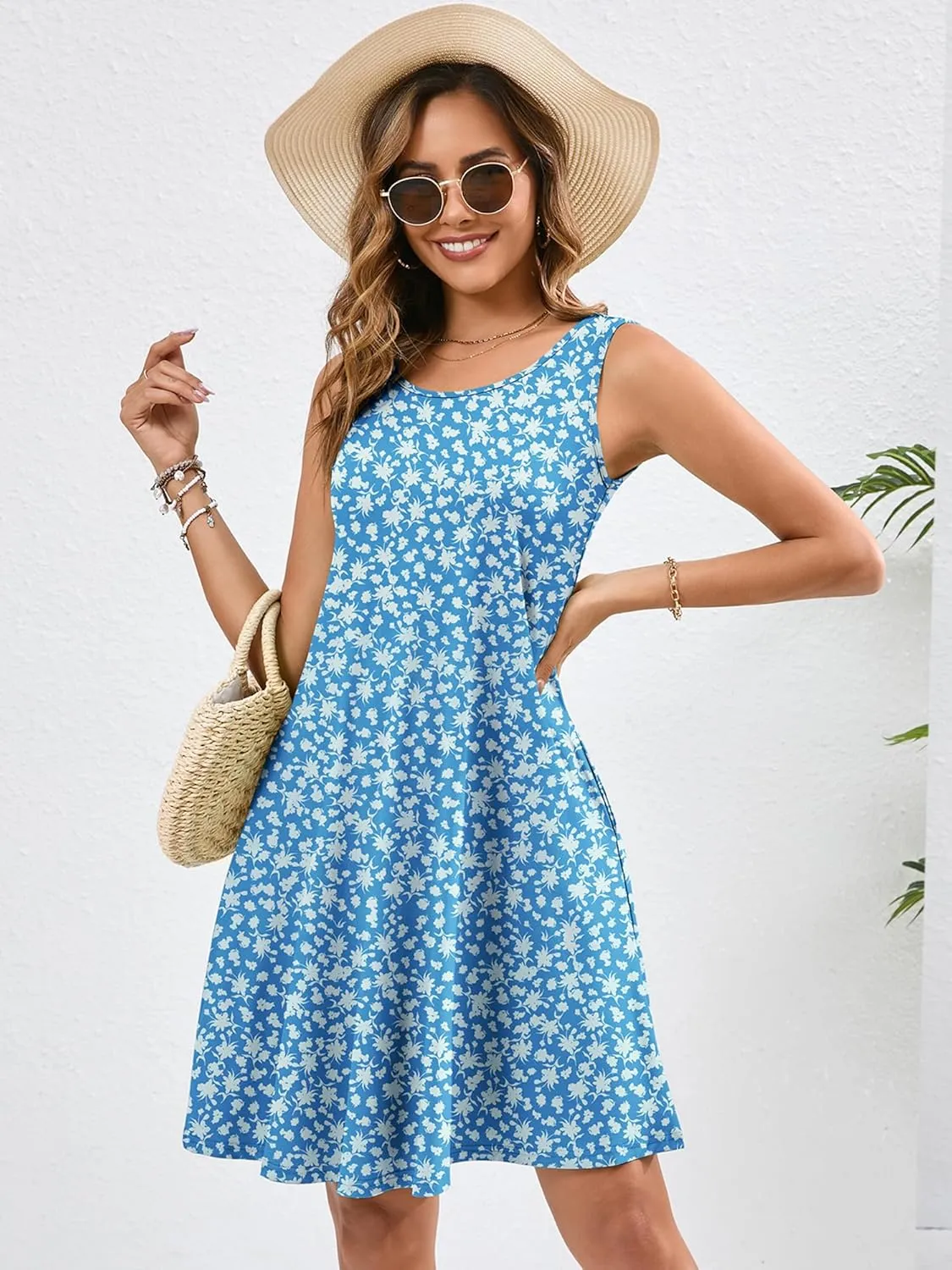 KORSIS Summer Dresses for Women Casual T Shirt Tank Dresses Sleeveless Swing Flowy Ladies Beach Vacation Sundress with Pocket