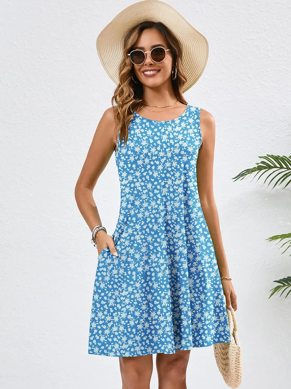 KORSIS Summer Dresses for Women Casual T Shirt Tank Dresses Sleeveless Swing Flowy Ladies Beach Vacation Sundress with Pocket