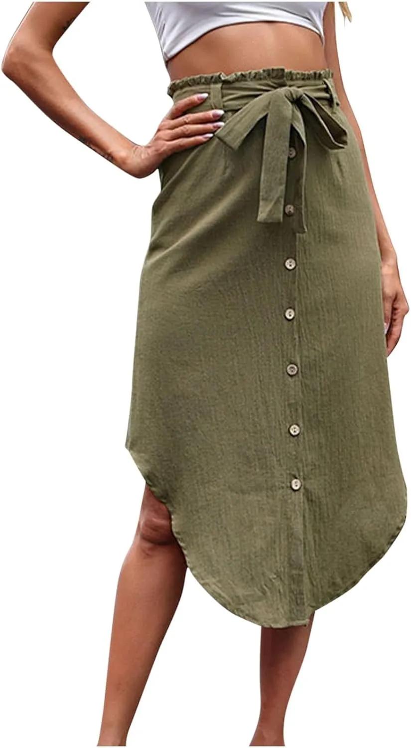 Ladies Skirts for Women Loose Fit High Cut Tie Knot Plain Maxi Long Midi Knee Length 2025 Fashion