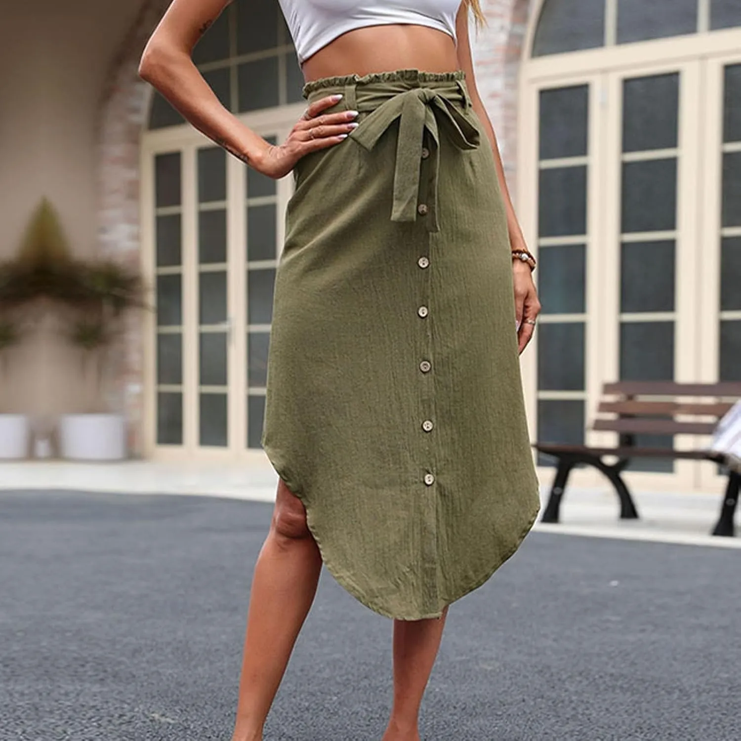 Ladies Skirts for Women Loose Fit High Cut Tie Knot Plain Maxi Long Midi Knee Length 2025 Fashion
