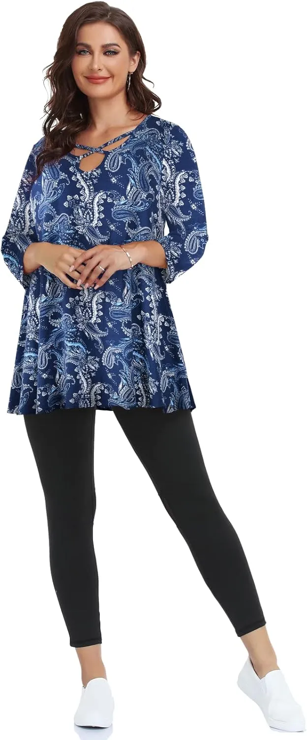 LARACE Plus Size Tops for Women V Neck 3/4 Sleeve Tunic Criss Cross Dress Shirts Casual Fall Blouse for Leggings