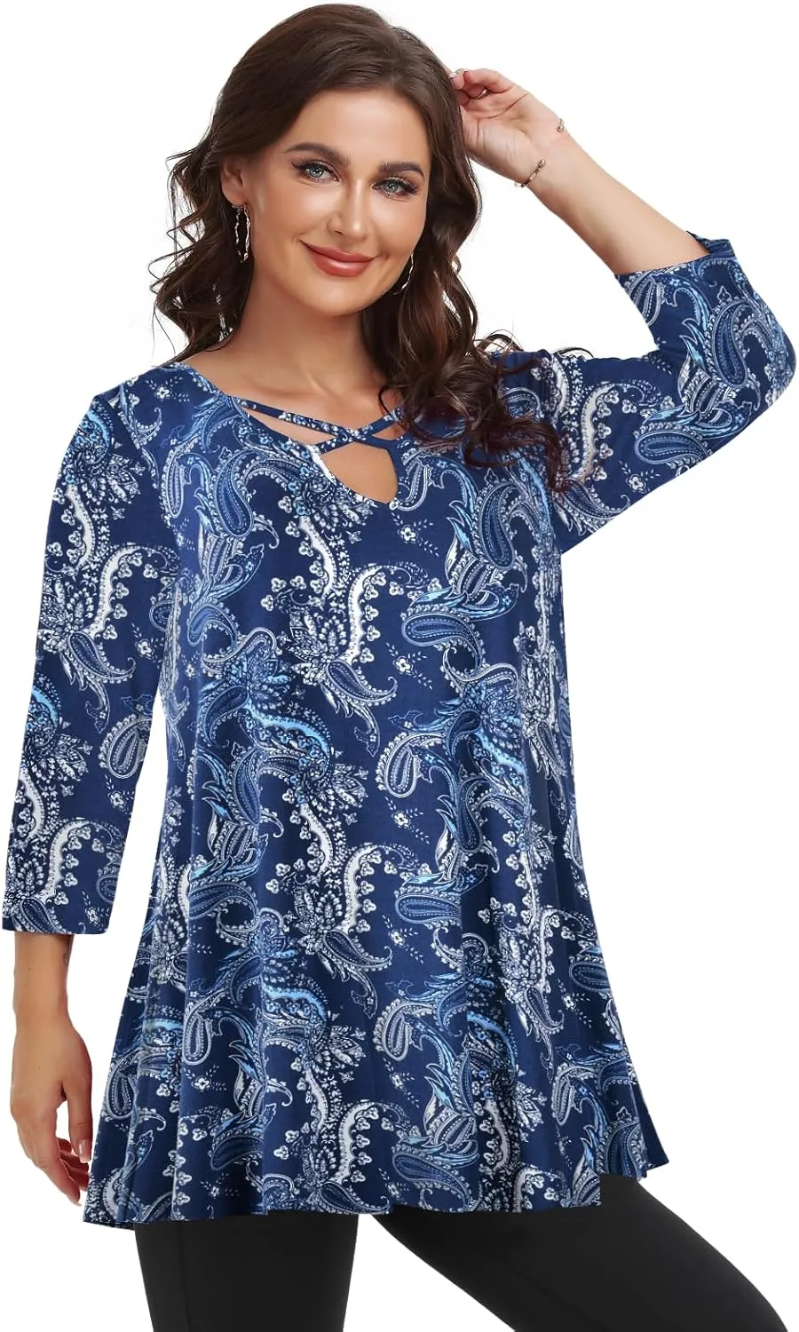 LARACE Plus Size Tops for Women V Neck 3/4 Sleeve Tunic Criss Cross Dress Shirts Casual Fall Blouse for Leggings