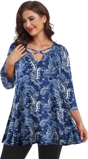 LARACE Plus Size Tops for Women V Neck 3/4 Sleeve Tunic Criss Cross Dress Shirts Casual Fall Blouse for Leggings