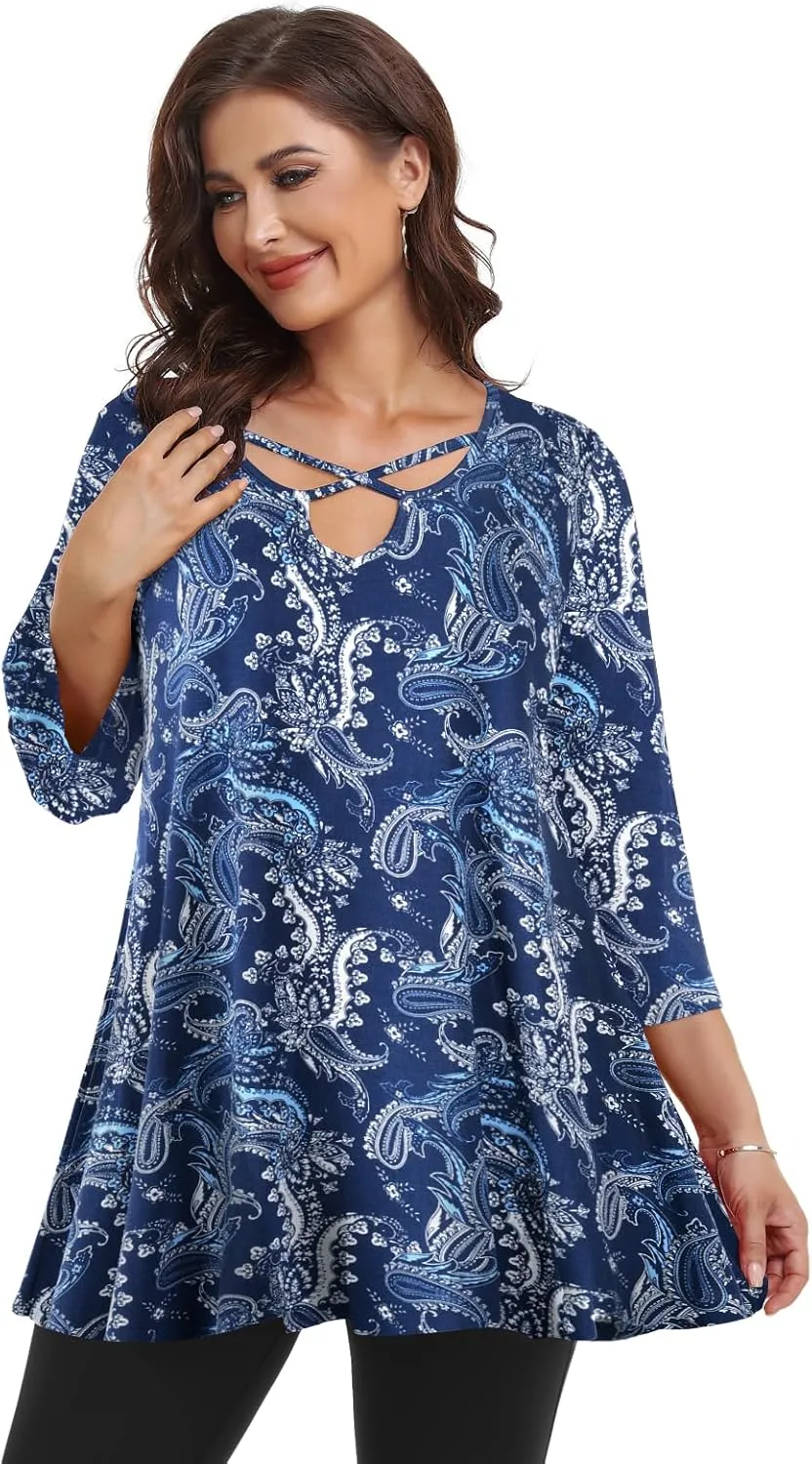 LARACE Plus Size Tops for Women V Neck 3/4 Sleeve Tunic Criss Cross Dress Shirts Casual Fall Blouse for Leggings
