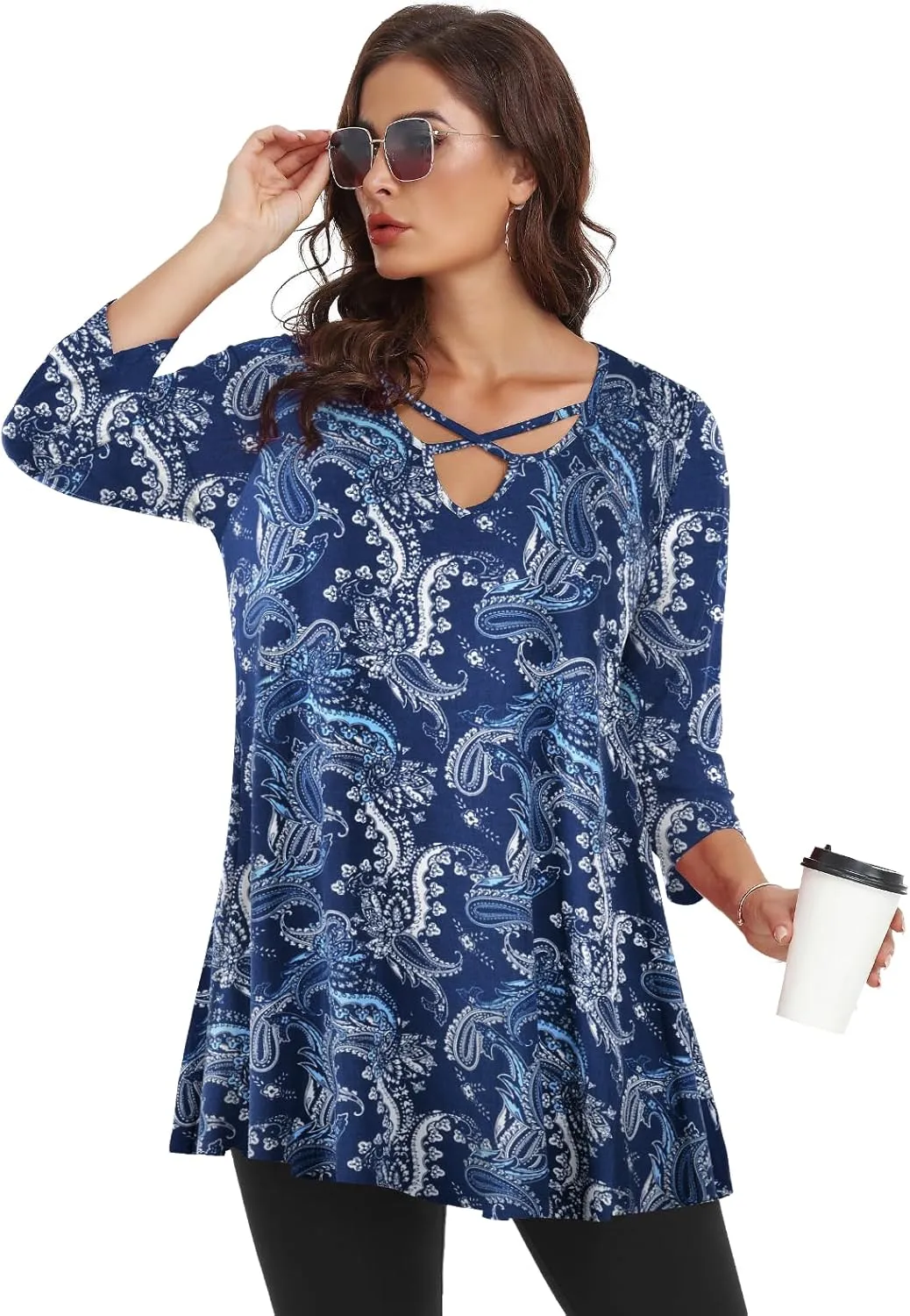 LARACE Plus Size Tops for Women V Neck 3/4 Sleeve Tunic Criss Cross Dress Shirts Casual Fall Blouse for Leggings