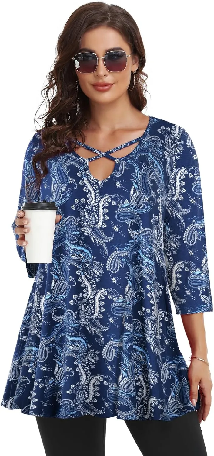 LARACE Plus Size Tops for Women V Neck 3/4 Sleeve Tunic Criss Cross Dress Shirts Casual Fall Blouse for Leggings