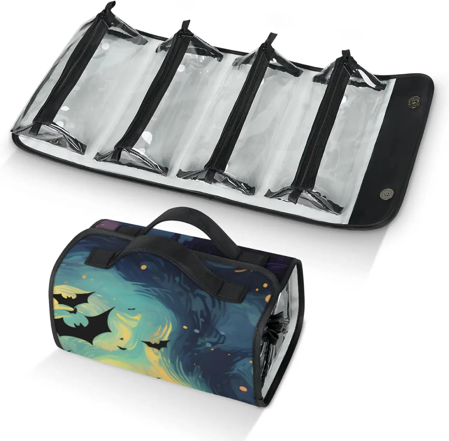 Large Capacity 4-in-1 Hanging Travel Toiletry Bag Storage Organizer With 4 Detachable Removable Zipper Clear Pouches Halloween Dreamy Bats