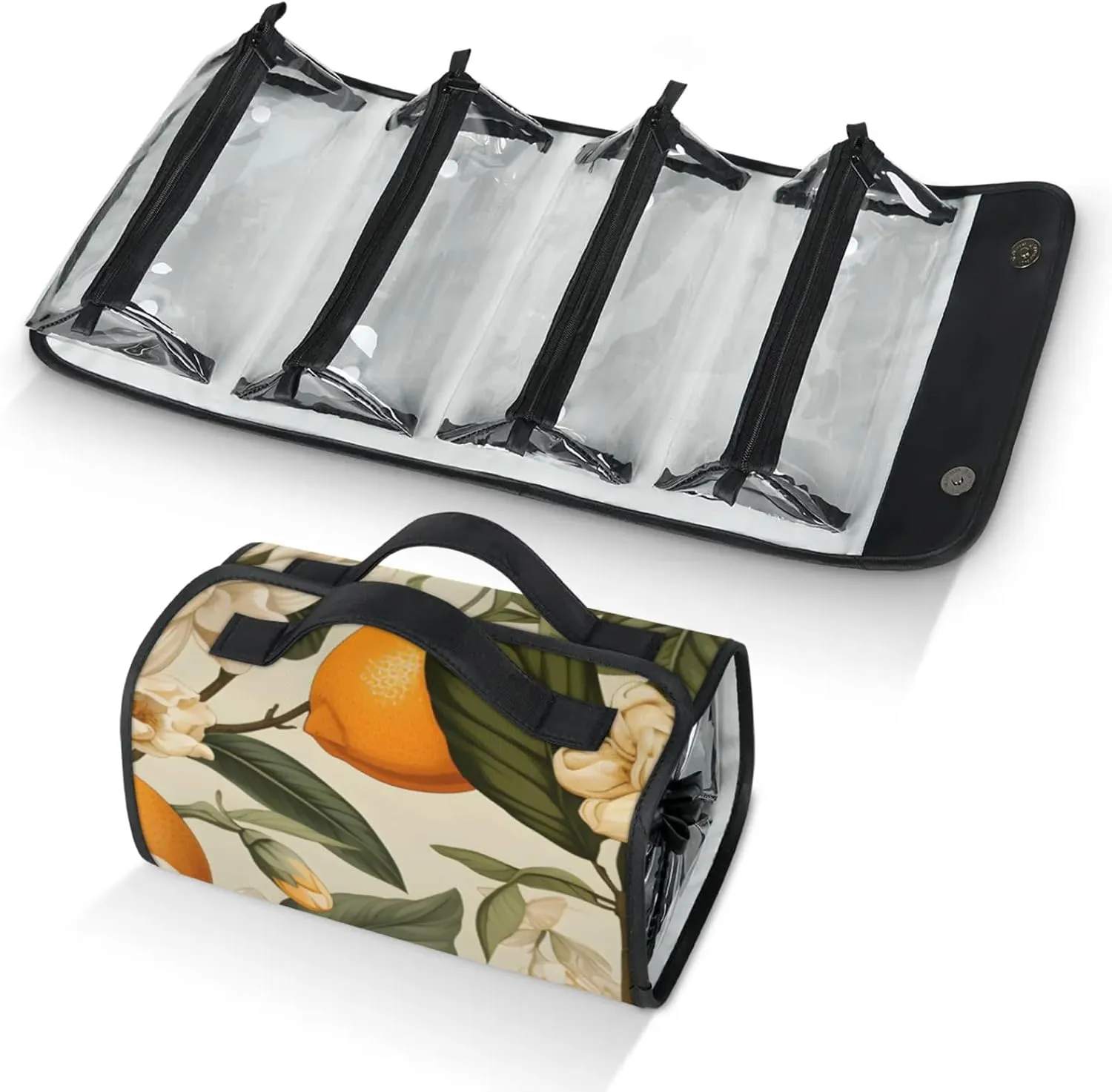 Large Capacity 4-in-1 Hanging Travel Toiletry Bag Storage Organizer With 4 Detachable Removable Zipper Clear Pouches Orange Blossom