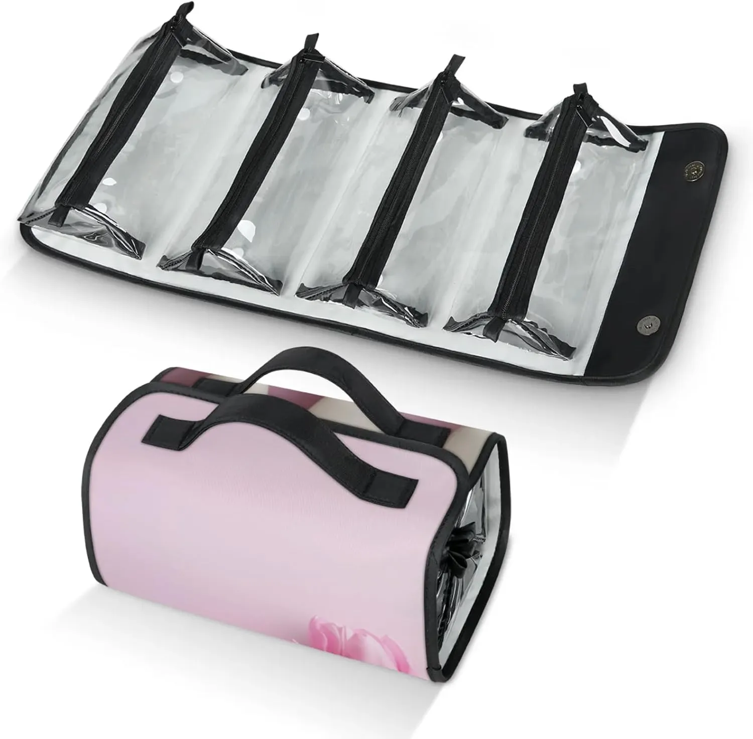 Large Capacity 4-in-1 Hanging Travel Toiletry Bag Storage Organizer With 4 Detachable Removable Zipper Clear Pouches Purple Tulips
