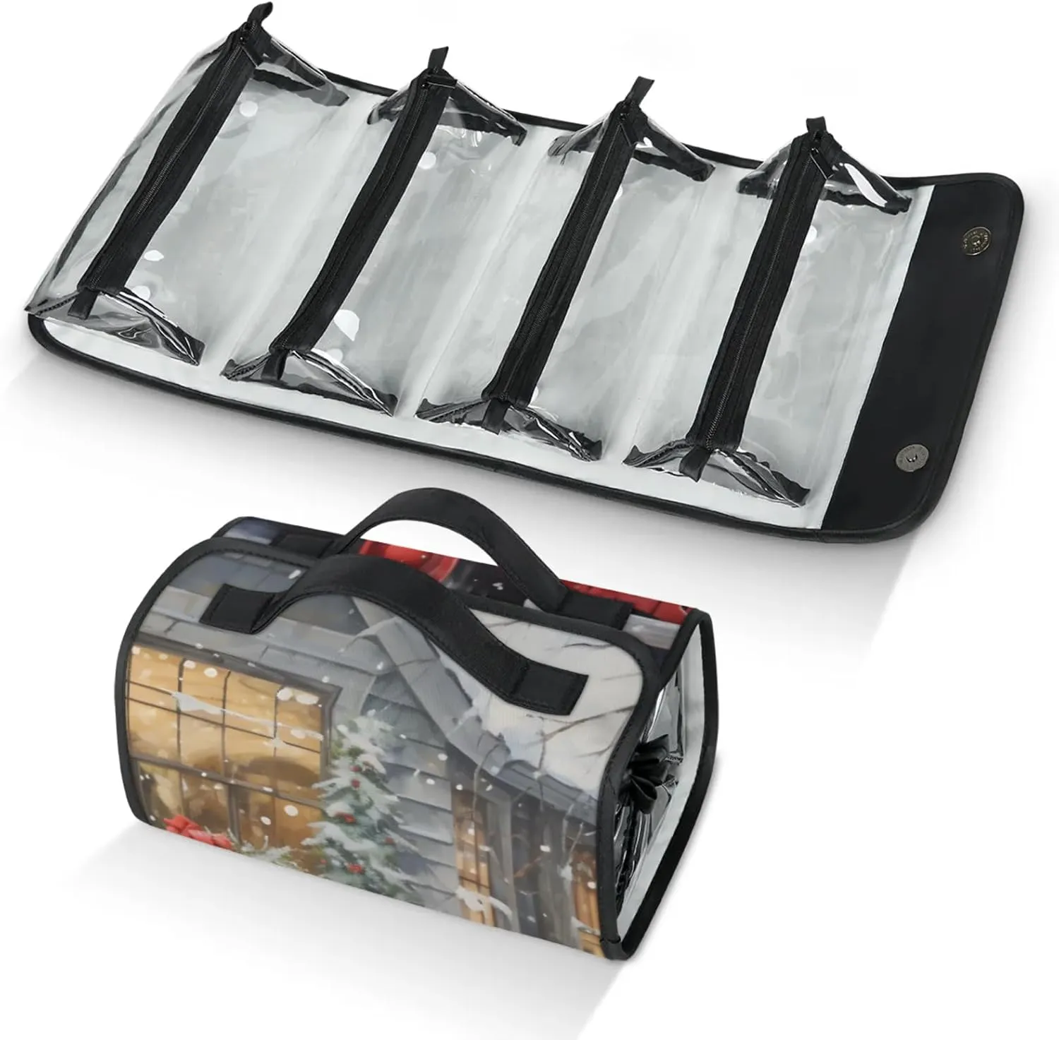 Large Capacity 4-in-1 Hanging Travel Toiletry Bag Storage Organizer With 4 Detachable Removable Zipper Clear Pouches Red Christmas Truck