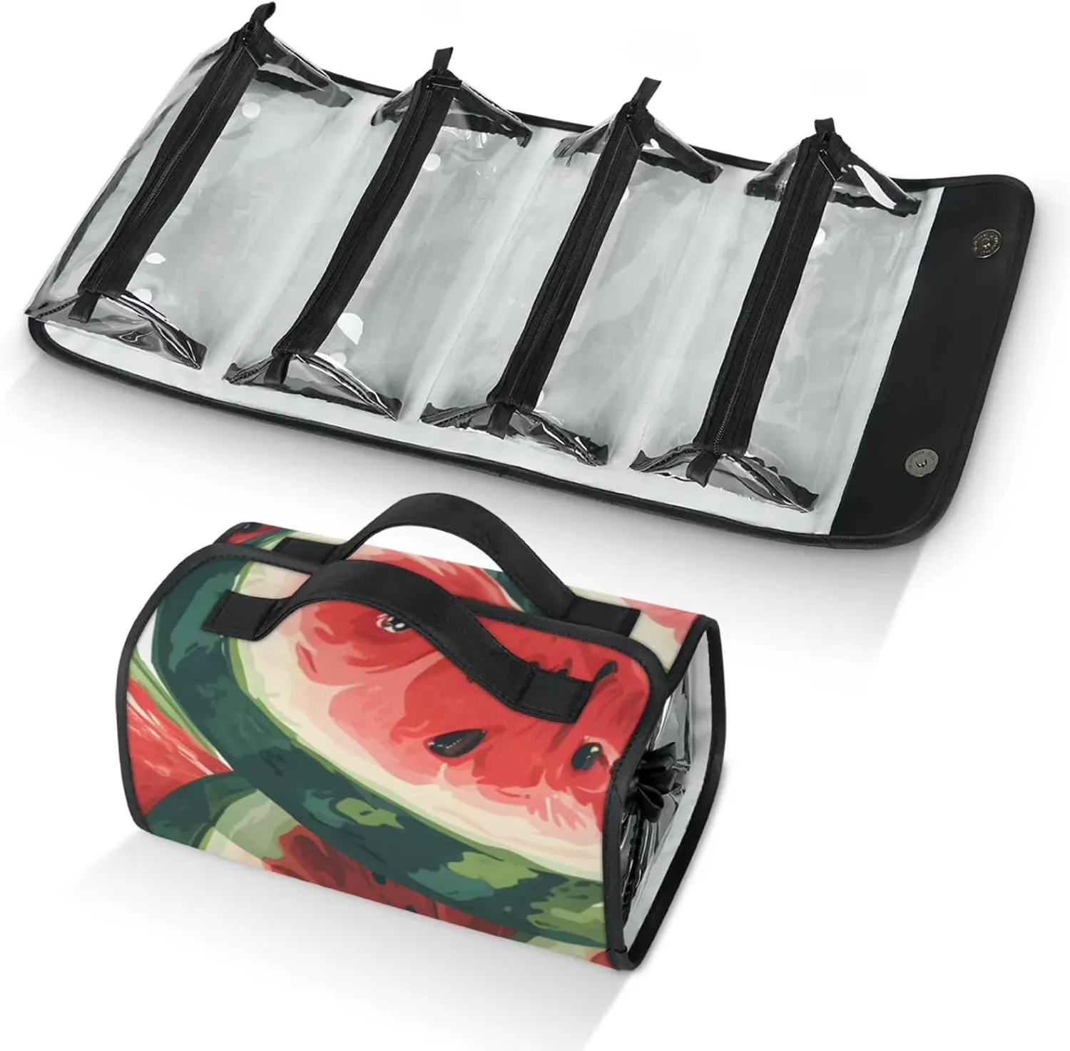 Large Capacity 4-in-1 Hanging Travel Toiletry Bag Storage Organizer With 4 Detachable Removable Zipper Clear Pouches Watercolor Watermelons
