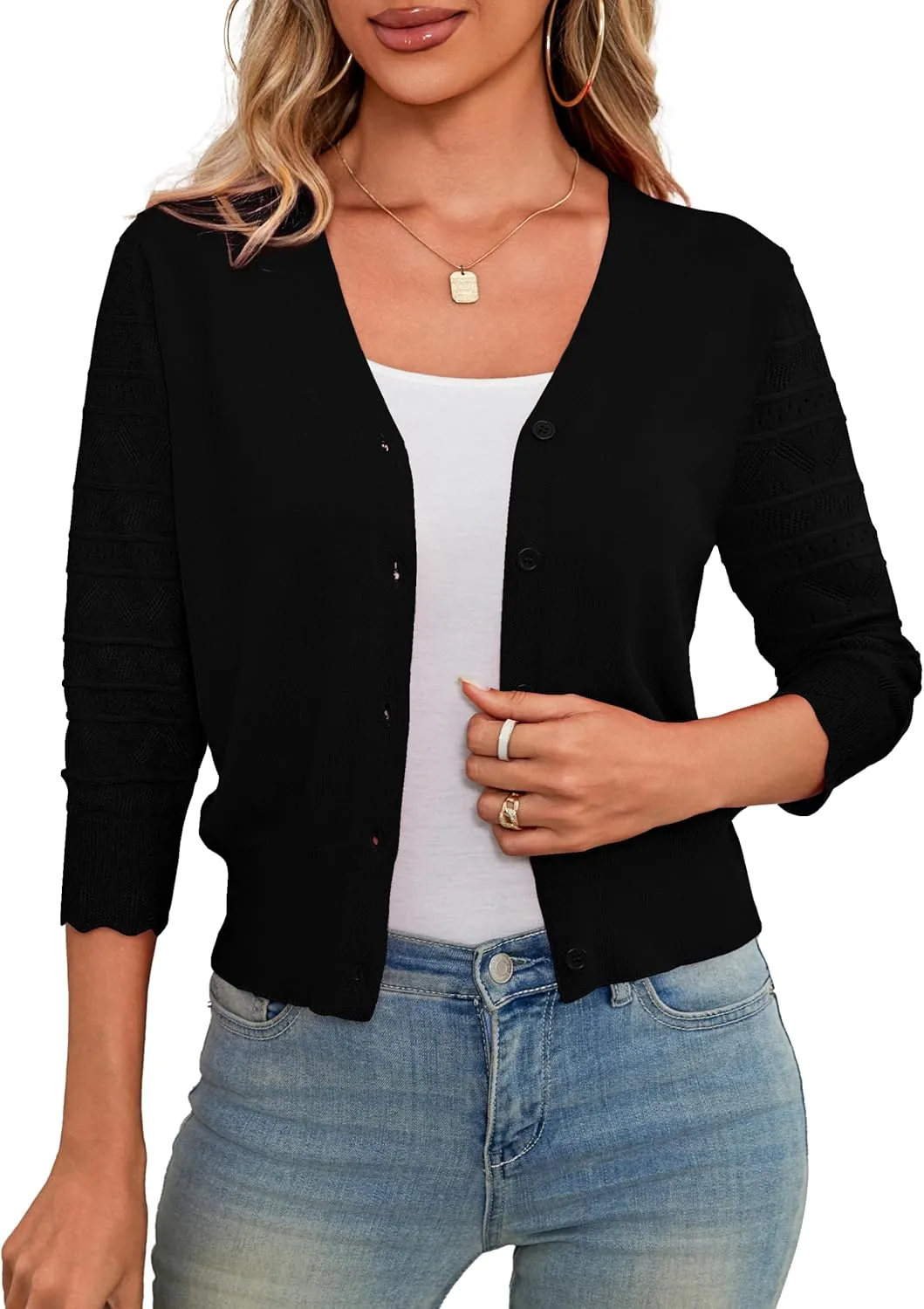 LIENRIDY Women's Crochet Cropped Cardigans Sweaters 3/4 Sleeve Open Front Bolero Shrugs, S-XL