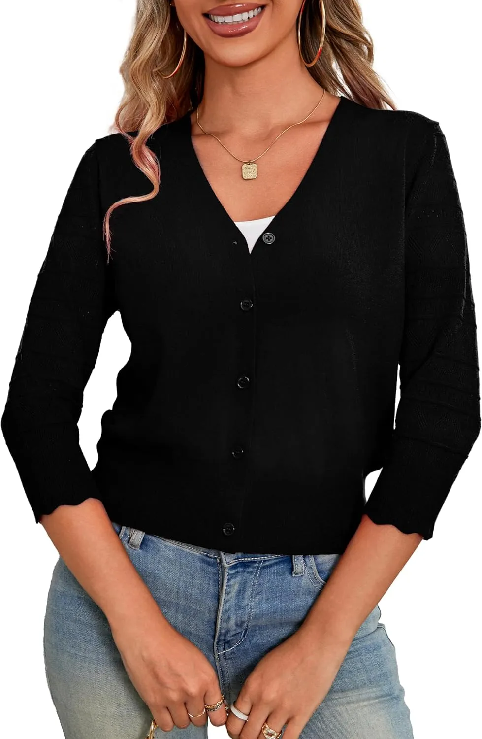 LIENRIDY Women's Crochet Cropped Cardigans Sweaters 3/4 Sleeve Open Front Bolero Shrugs, S-XL