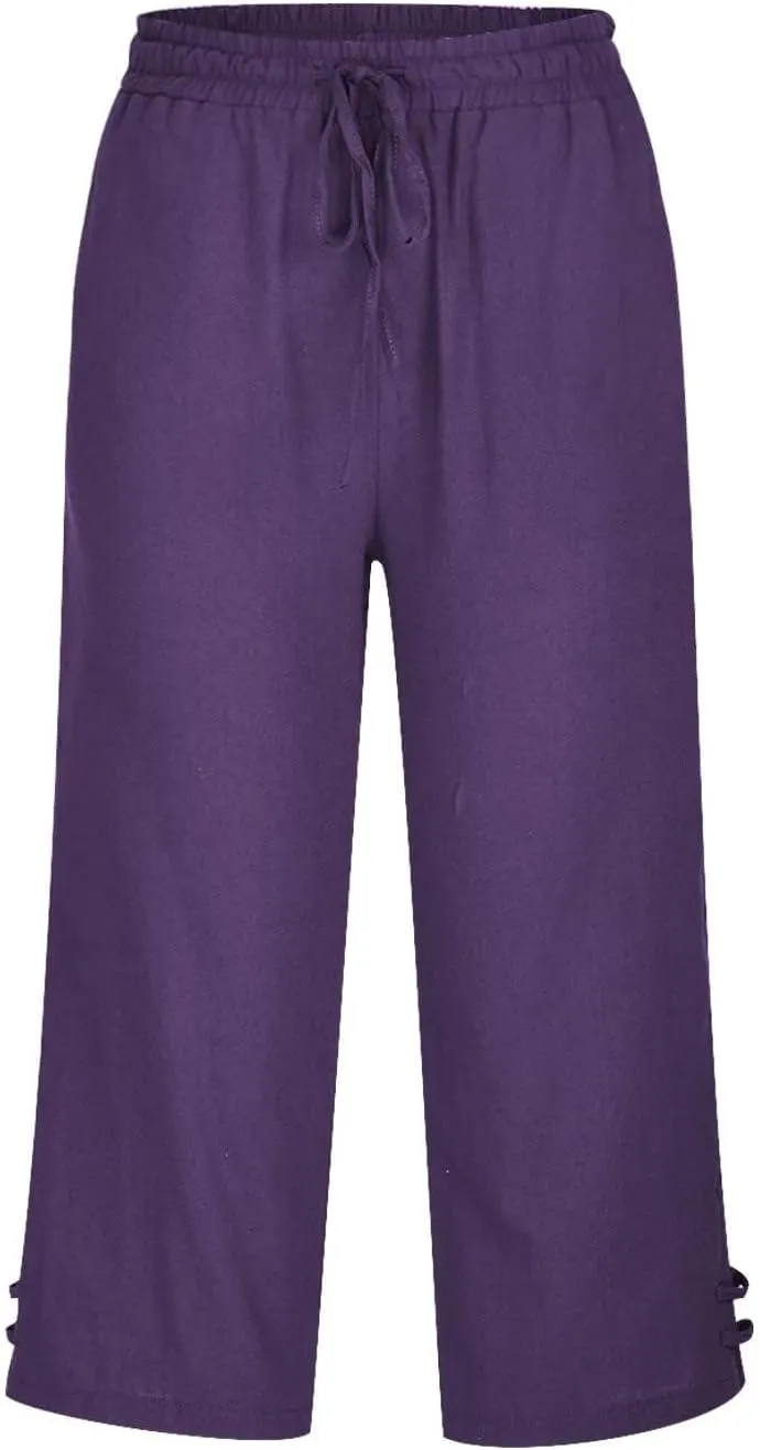 Linen Capri Pants for Women Straight Leg Casual Summer Drawstring Elastic High Waist Linen Pants Beach Crop Trousers