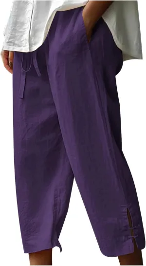 Linen Capri Pants for Women Straight Leg Casual Summer Drawstring Elastic High Waist Linen Pants Beach Crop Trousers