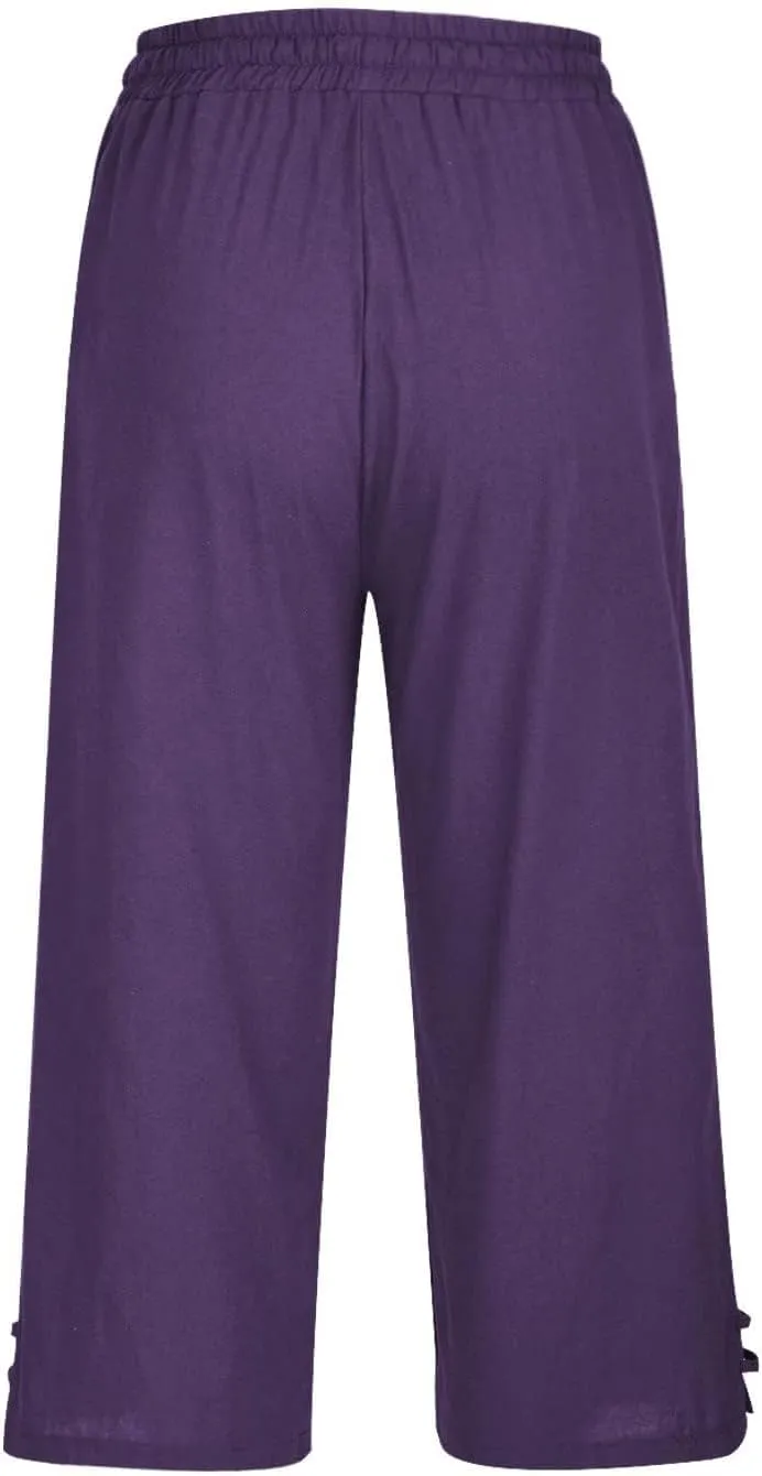 Linen Capri Pants for Women Straight Leg Casual Summer Drawstring Elastic High Waist Linen Pants Beach Crop Trousers