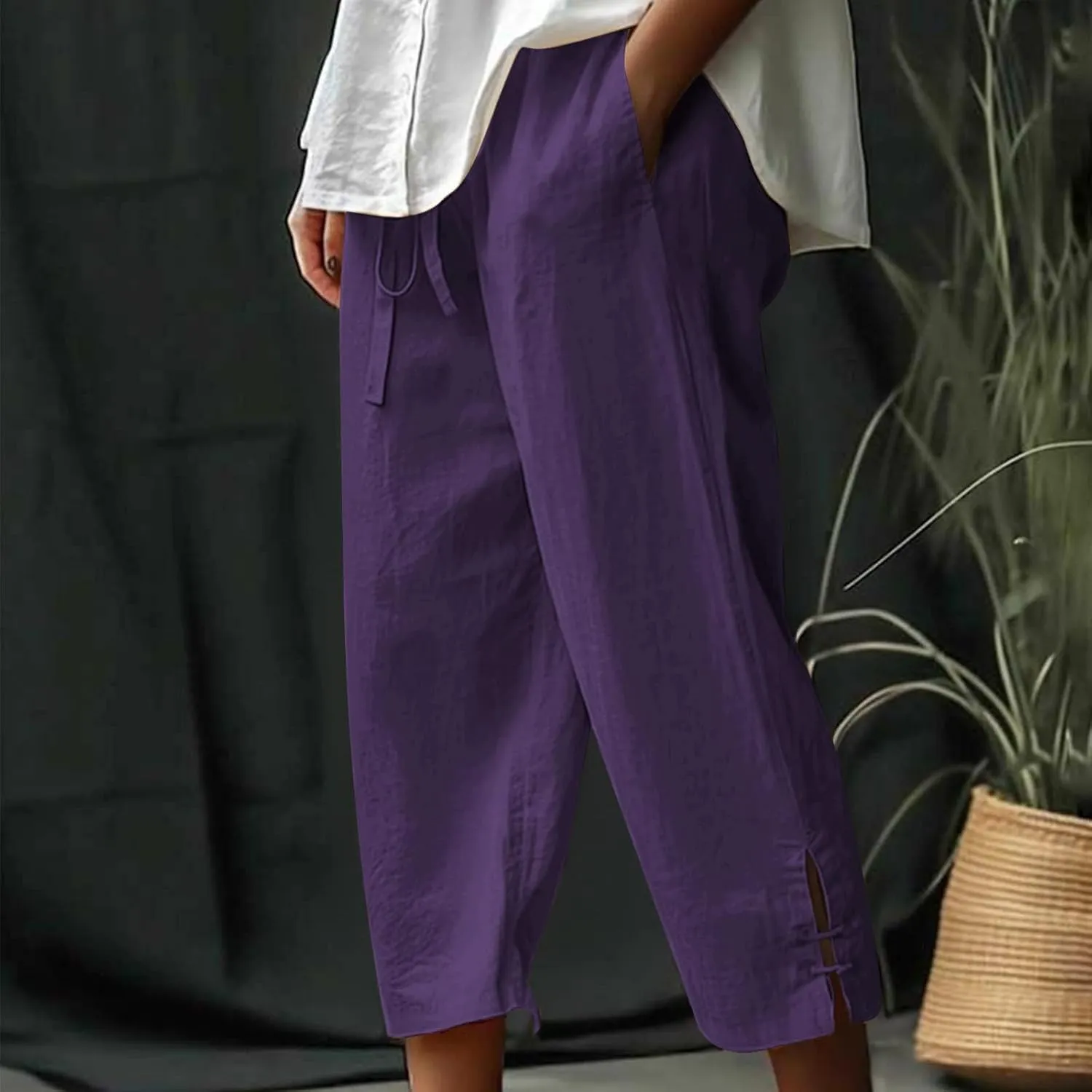 Linen Capri Pants for Women Straight Leg Casual Summer Drawstring Elastic High Waist Linen Pants Beach Crop Trousers