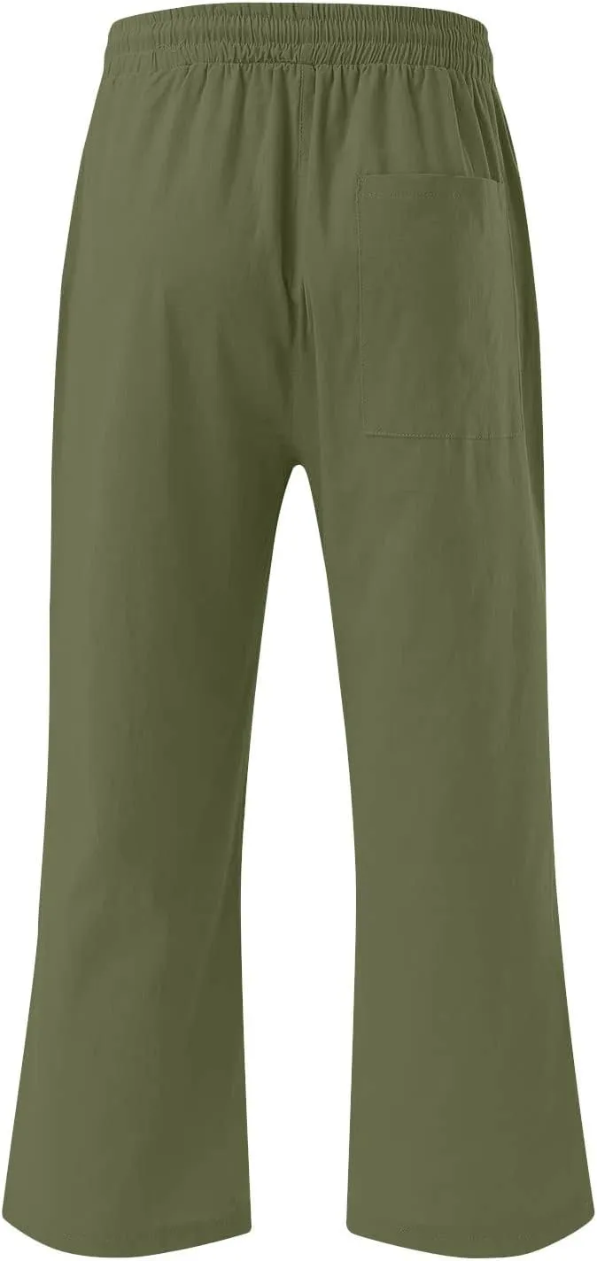 Linen Capri Pants for Women Summer Beach Straight Wide Leg Cropped Trouser Elastic Waist Drawstring Casual Pants